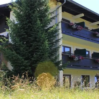 Ein gemütliches Gebäude umgeben von grünen Wiesen und Bäumen. Der Himmel ist klar und sonnig.