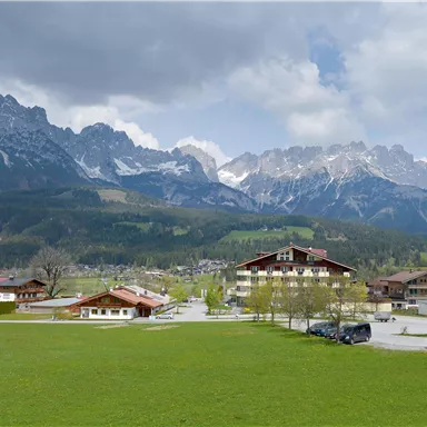 Eine malerische Landschaft mit hohen Bergen und einem klaren Himmel. Im Vordergrund ist eine grüne Wiese und eine kleine Ansiedlung mit Häusern zu sehen.
