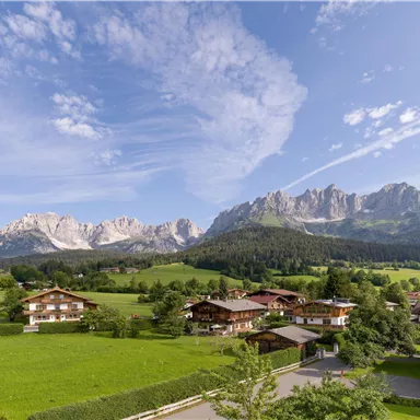 A picturesque landscape with green meadows and charming cottages. In the background, majestic mountains rise under a clear blue sky.