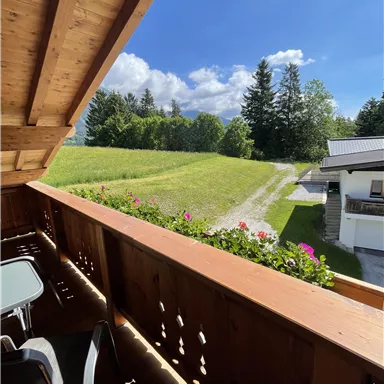 A balcony with wooden cladding overlooking a green meadow. In the background, trees and a blue sky are visible.