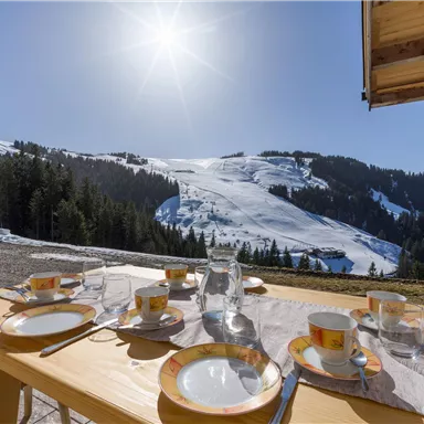 Ein einladender Tisch mit Geschirr steht im Vordergrund, während im Hintergrund schneebedeckte Berge und Wälder sichtbar sind. Die Sonne scheint hell am blauen Himmel.