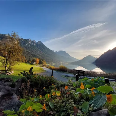 Eine malerische Landschaft mit Bergen und einem ruhigen See. Im Vordergrund blühende Pflanzen und ein klarer Himmel.