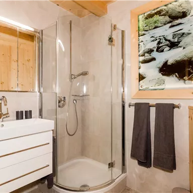 Ein modernes Badezimmer mit einer Glaskabine für die Dusche und einem weißen Waschtisch. An der Wand hängt ein Bild von einem felsigen Flusslauf.