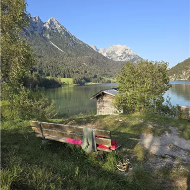 A tranquil lake surrounded by mountains and trees. A bench invites you to linger and enjoy nature.