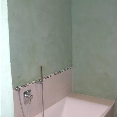A modern bathroom with a white bathtub and green walls. A simple showerhead is mounted on the wall.