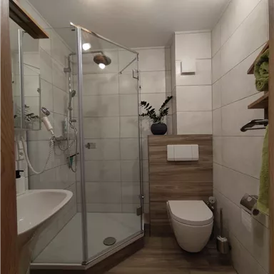 Ein modernes Badezimmer mit einer Dusche und biologischen Holzelementen. Die Wände sind hell gefliest, und es gibt eine grüne Pflanze im Raum.