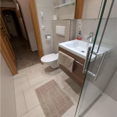 Ein modernes Badezimmer mit einer Dusche, einem Waschbecken und einer Toilette. Der Boden ist gefliest und es gibt Holzdetails an den Türen.