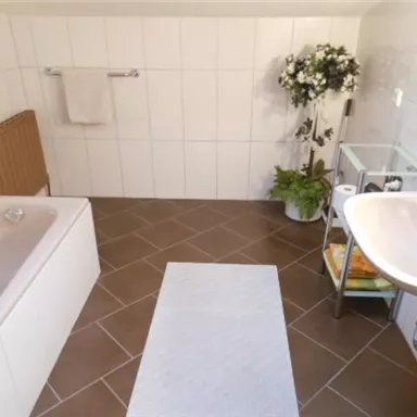 A modern bathroom with a bathtub and a sink. The room is brightly lit and decorated with plants.