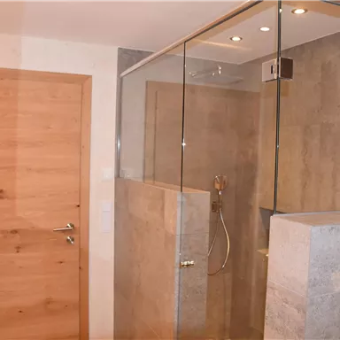 Modern shower with glass partition and tiled walls. Wooden door in the background.