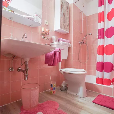 A modern bathroom in soft shades of pink. It includes a shower, a sink, and a toilet, complemented by colorful accessories.