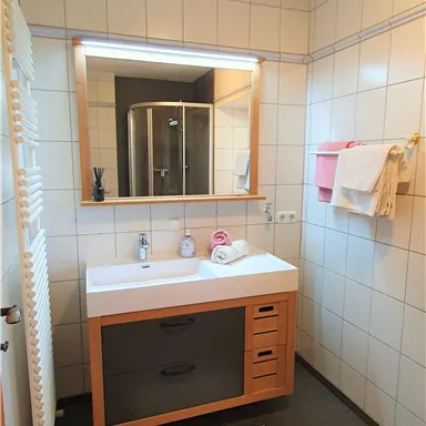 A modern bathroom with a sink and a mirror. The walls are tiled, and there are towels as well as a shower area.