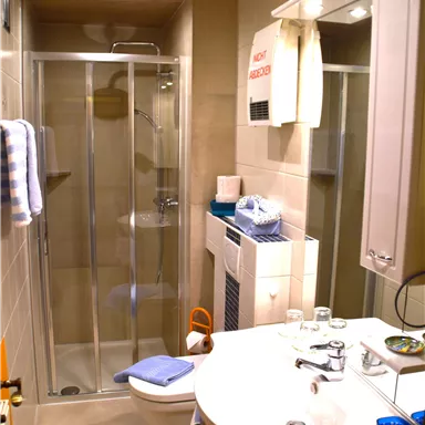A modern bathroom with a shower, a sink, and a toilet. Bright tiles and a cozy wooden ceiling give the room an inviting atmosphere.