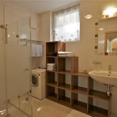 A modern bathroom with a shower and a sink. Shelves with towels and a washing machine are also present.