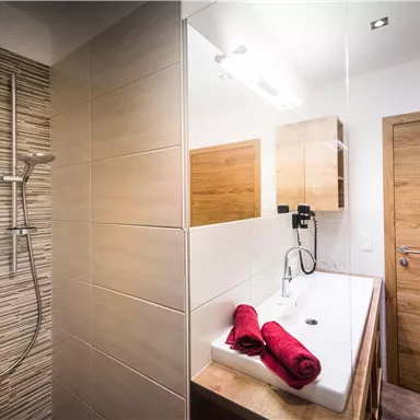 Ein modernes Badezimmer mit einer stilvollen Dusche und einem Waschbecken. Rote Handtücher liegen ordentlich auf der Ablage.