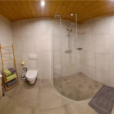 Ein modernes Badezimmer mit einer großen Dusche und Holzdecken. Es gibt auch einen Waschplatz mit Spiegel und Regalen.