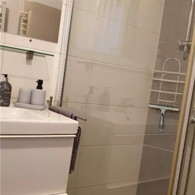 A modern bathroom with a clear shower enclosure and a sink. The walls are in light tones and there are some toiletries on the sink.