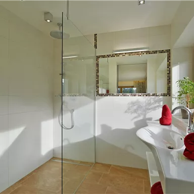 Ein modernes Badezimmer mit einer Glasdusche und weißen Fliesen. Rote Handtücher und eine Pflanze verleihen dem Raum eine einladende Note.