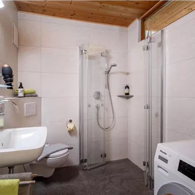 Ein modernes Badezimmer mit Dusche, Waschbecken und Waschmaschine. Die Wände sind hell gefliest, und der Boden ist mit einem grauen Teppich ausgelegt.
