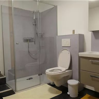 A modern bathroom with a shower, a sink, and a toilet. The walls are light, and the room is well-lit.