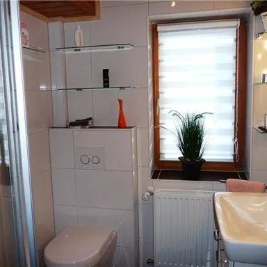 A modern bathroom with a shower, a sink, and a toilet. The walls are light tiled, and a window with a plant provides light.