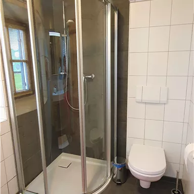 A modern bathroom with a shower cabin and white tiles. There is a window, a toilet, and a small pink carpet on the floor.