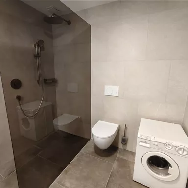 A modern bathroom with a shower, a toilet, and a washing machine. The walls are designed in light, neutral colors.