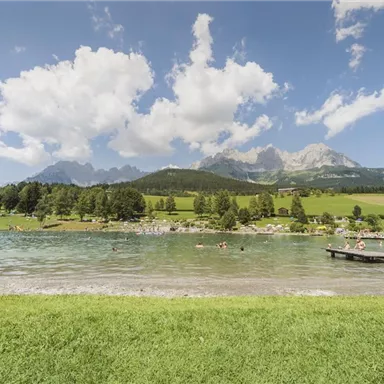 A picturesque lake with swimmers and a green meadow. In the background, majestic mountains rise under a clear blue sky.
