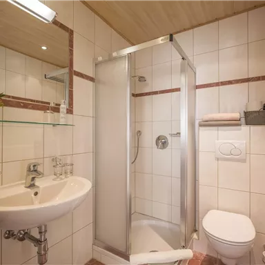 Ein modernes Badezimmer mit einem Waschbecken, einer Duschkabine und einem Toilettenplatz. Die Wände sind hellfliesen und es gibt schlichtes Zubehör.