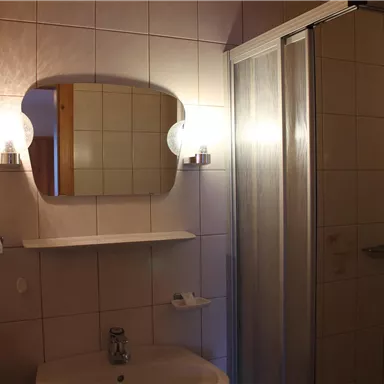 A bathroom with a sink, a mirror, and a shower cabin. The walls are tiled and there are some towels.