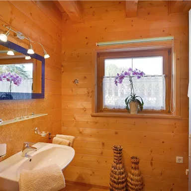 A modern bathroom with wooden paneling and large mirrors. An orchid is on the windowsill and there are decorative elements.