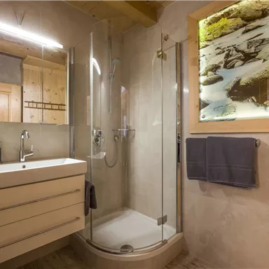 Ein modernes Badezimmer mit einer gläsernen Dusche und einem eleganten Waschbecken. Die Wände sind hell und es gibt eine dekorative Pflanzenanordnung.