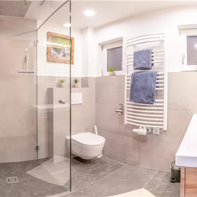 A modern bathroom with a walk-in shower and an elegant sink. Bright colors and large windows create an inviting atmosphere.