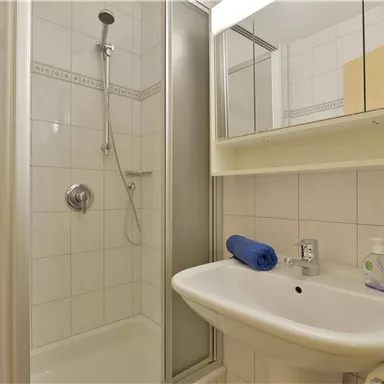Ein modernes Badezimmer mit einer Dusche und einem Waschbecken. Handtücher und Pflegeprodukte sind ordentlich platziert.