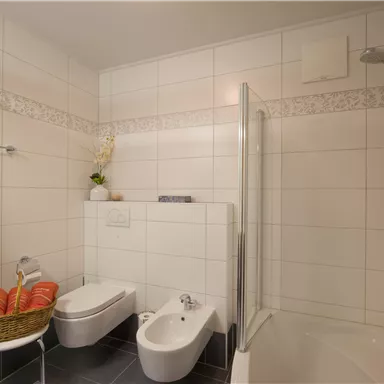 Ein modernes Badezimmer mit einer Dusche, einem Bidet und einer Badewanne. Handtücher und eine Pflanze verleihen dem Raum eine einladende Atmosphäre.