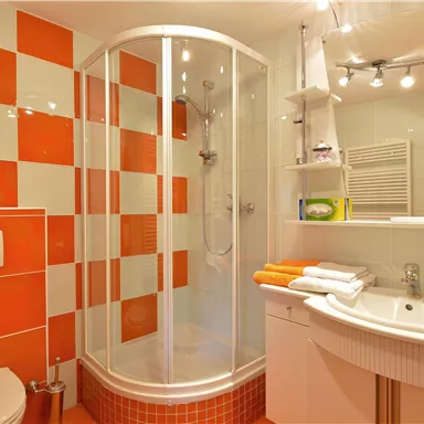 Ein modernes Badezimmer mit einer Duschkabine und bunten, orange-weißen Fliesen. Es gibt ein Waschbecken und saubere Handtücher.