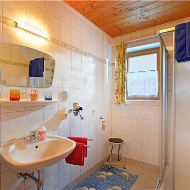 Ein modernes Badezimmer mit einer Dusche und einem Waschbecken. Die Wände sind gefliest, und es gibt farbenfrohe Handtücher sowie dekorative Elemente.