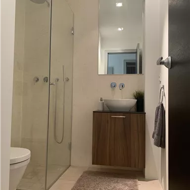 Ein modernes Badezimmer mit einer begehbaren Dusche und einem eleganten Waschbecken. Der Raum hat eine helle, schlichte Gestaltung und einen weichen Teppich.