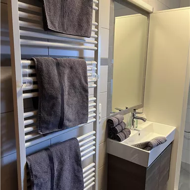 A modern bathroom with a towel warmer and a stylish sink. The walls are tiled in light colors, and the space feels very inviting.