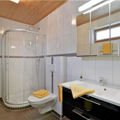 A modern bathroom with a shower cubicle and a sink. The decor is bright and inviting, with yellow towels as an accent color.