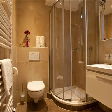 A modern bathroom with a glass shower and a white sink. The walls are in warm earth tones, and there are fresh towels and decorative elements.