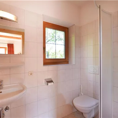 A bright bathroom with white tiles and a window that lets in daylight. There is a sink, a shower, and a toilet.