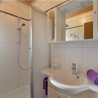 Ein modernes Badezimmer mit einer Dusche und einem Waschbecken. Handtücher und Pflegeprodukte sind ordentlich angeordnet.