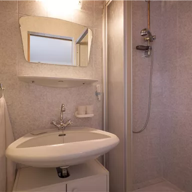 Ein kleines Badezimmer mit Dusche und Waschtisch. Die Wände sind hell gefliest und mit einem Spiegel ausgestattet.