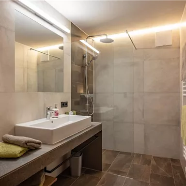 Ein modernes Badezimmer mit einem eleganten Waschbecken und einer großen Dusche. Die Wände sind in neutralen Farben gehalten, und es gibt Handtücher sowie hygienische Utensilien auf der Ablage.