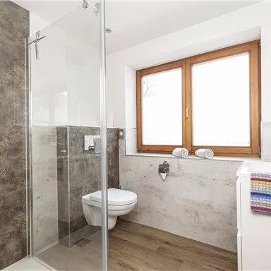 A modern bathroom with a glass shower and a toilet. Large windows provide plenty of daylight.