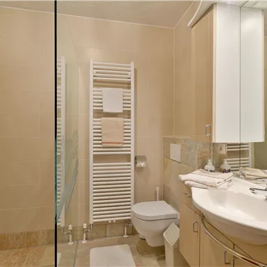 A modern bathroom with a shower and an elegant vanity installation. The walls are in warm tones and the design is functional and stylish.