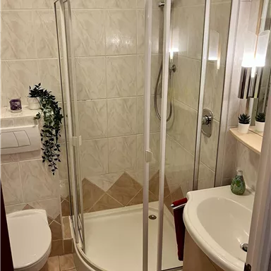 Ein modernes, kleines Badezimmer mit einer Duschkabine und einem Waschbecken. Die Wände sind hell gefliest und es gibt einige dekorative Pflanzen.
