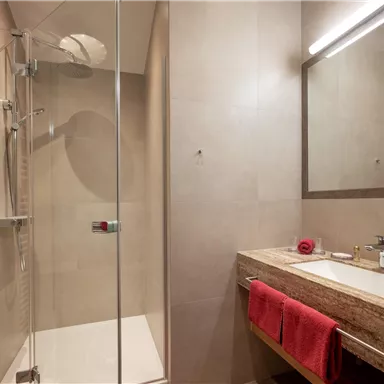 A modern bathroom with a glass shower and an elegant sink. Red towels and a mirror complement the stylish design.