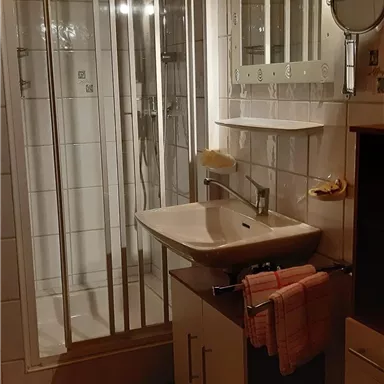 Ein kleines Badezimmer mit einer Dusche und einem Waschbecken. An der Wand hängen Handtücher und es gibt einen großen Spiegel.