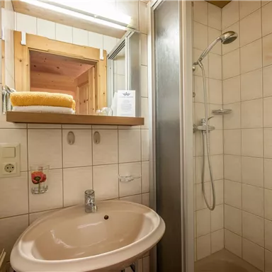 Ein helles Badezimmer mit Dusche, Spiegel und Waschbecken. Handtücher und eine Ablage sind vorhanden.